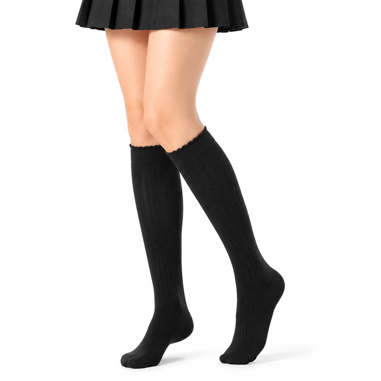 Calcetines altos 35-38 negros de punto acanalado para mujer - estilo hasta la rodilla