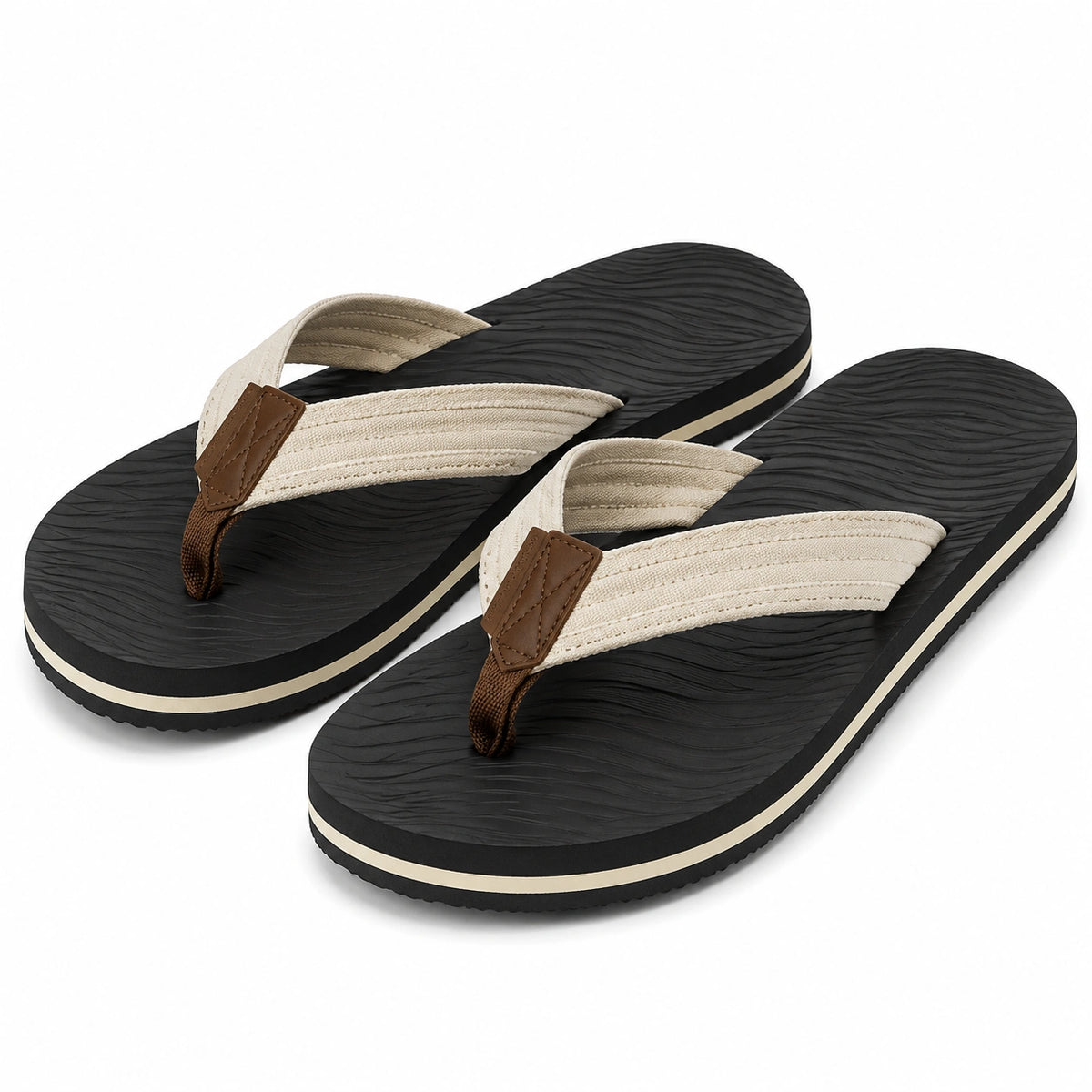 Chanclas 36/37 negras y beige con tiras textiles - suela sintética antideslizante para verano